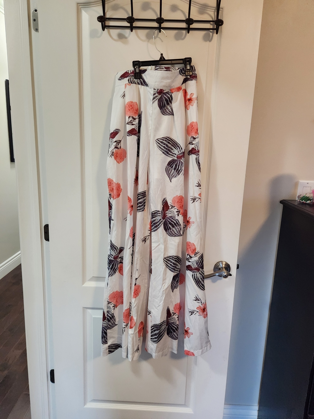 White Wide-Leg Floral Palazzo Pants with Coral Print